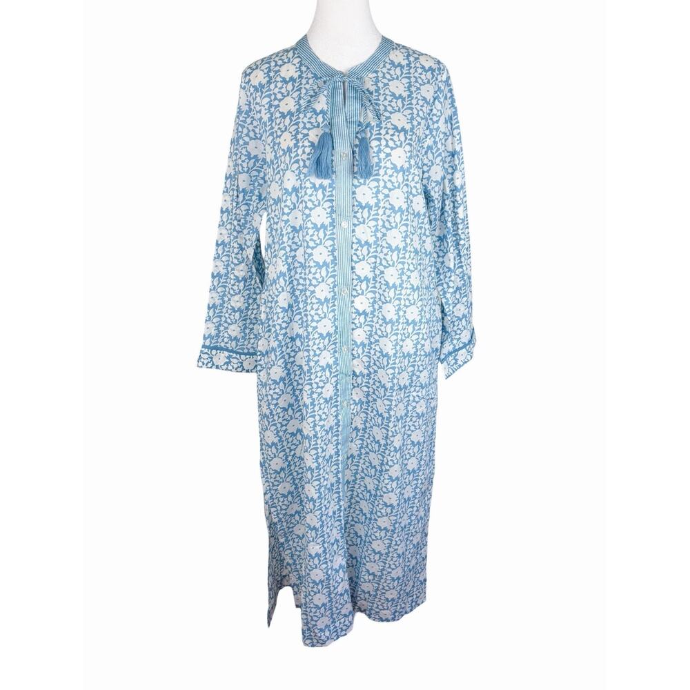 The Company Store Printed Blue Voile Caftan Midi Dress 100% Cotton Sz Small NWT - Picture 2 of 8
